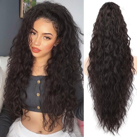 30" Claw Clip-in Wavy Ponytail Extension, Black Brown Curly Synthetic Hairpiece - Picture 1 of 6